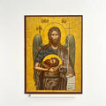 Decorative angel icon with gold background and brown frame on a white background