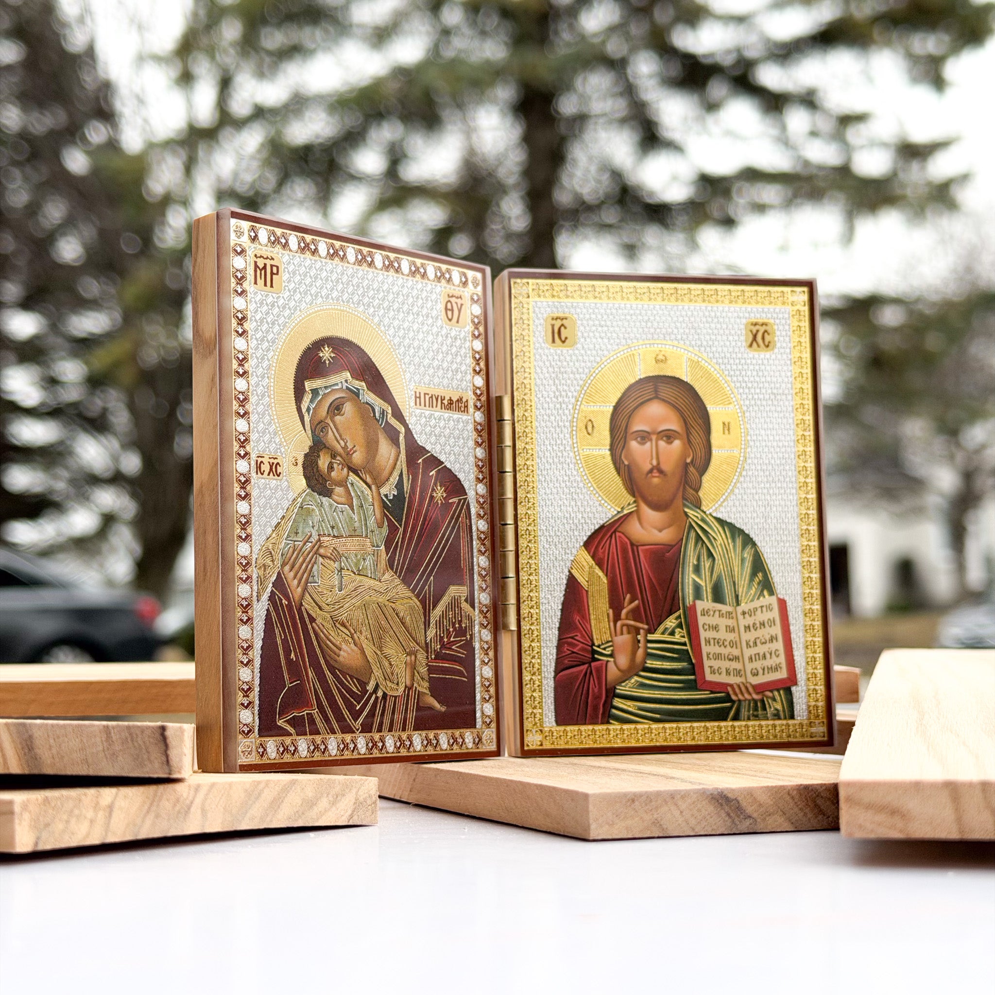 Christ’s Blessing & Theotokos Eleusa V2 - Olive Wood Diptych Icon