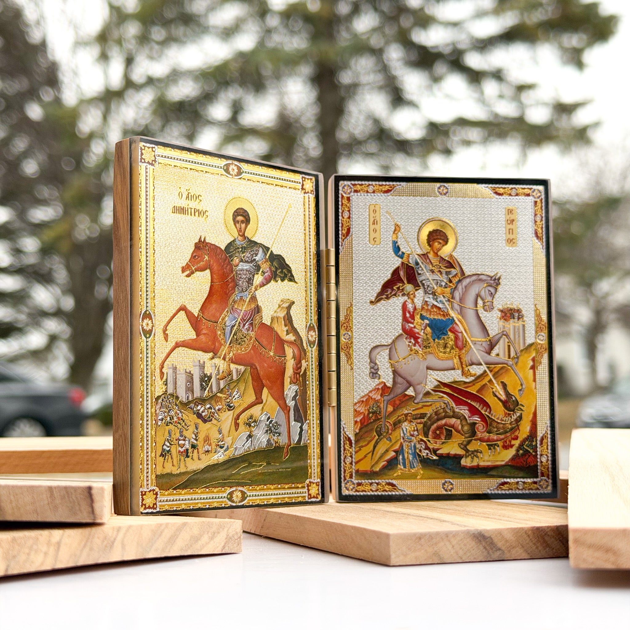 Saint George & Saint Demetrius - Olive Wood Diptych Icon