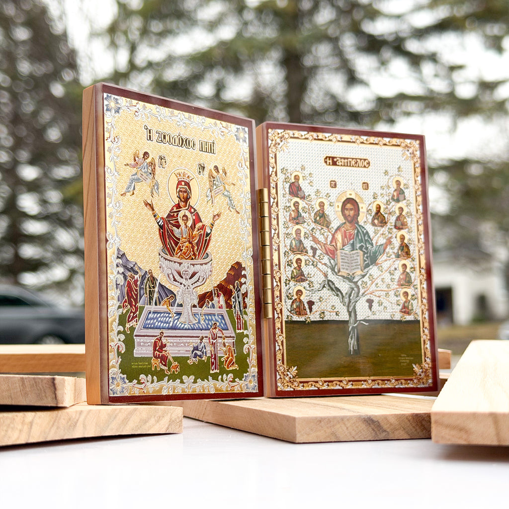 The Life-Giving Spring & Christ the True Vine - Olive Wood Diptych Icon
