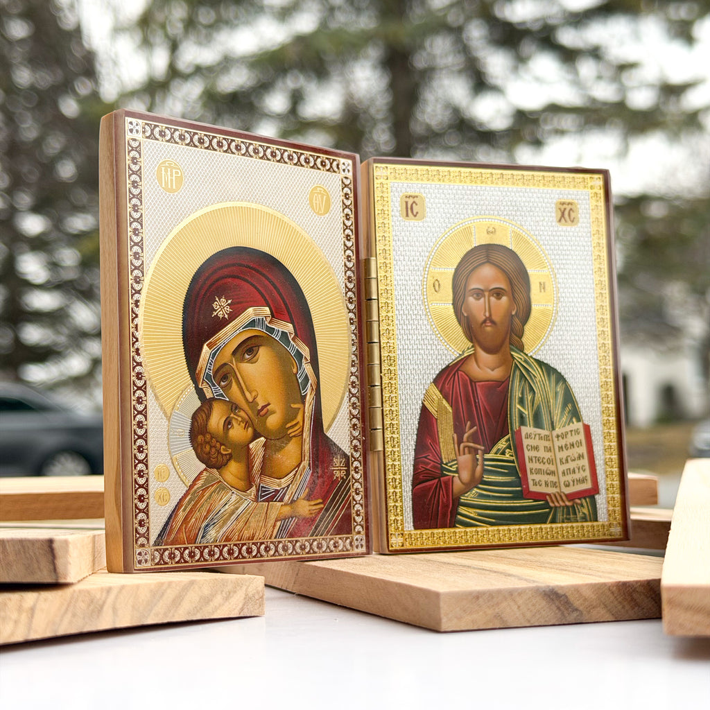 Theotokos Eleusa & Christ's Blessing - Olive Wood Diptych Icon