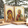 Theotokos Eleusa & Christ's Blessing - Olive Wood Diptych Icon