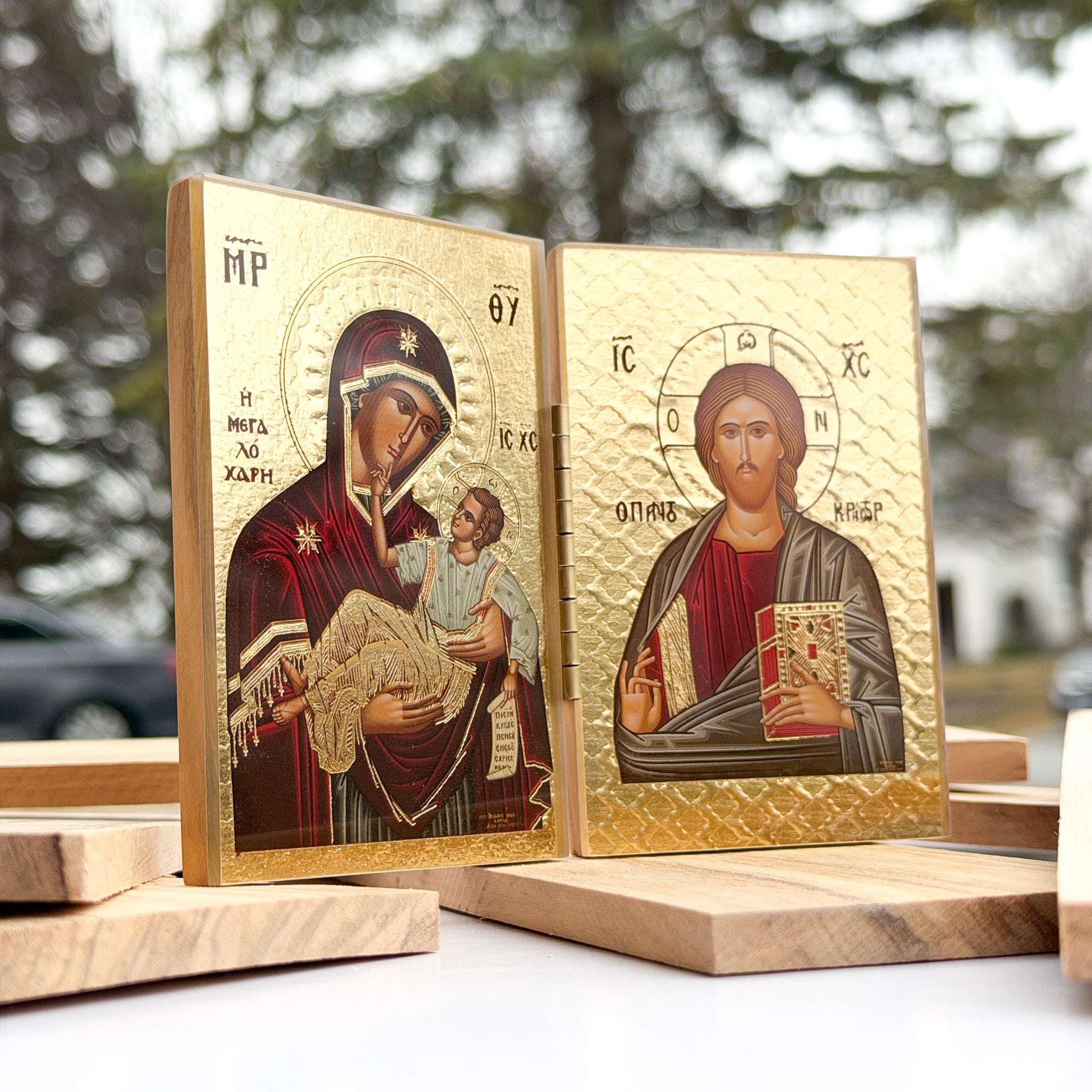 Theotokos Eleusa V3 & Pantocrator V2 - Olive Wood Diptych Icon