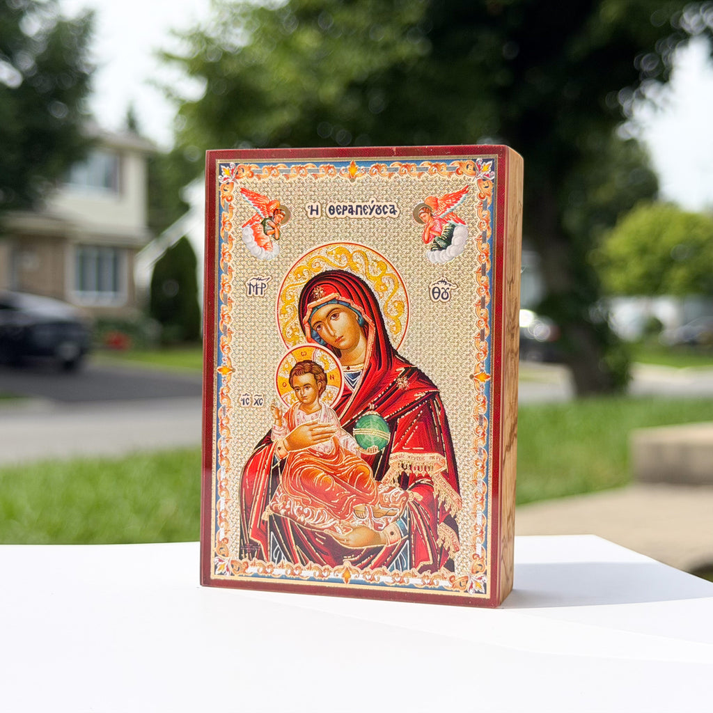 Theotokos with Christ the King Icon (6cm x 9cm - Greek Olive Wood)