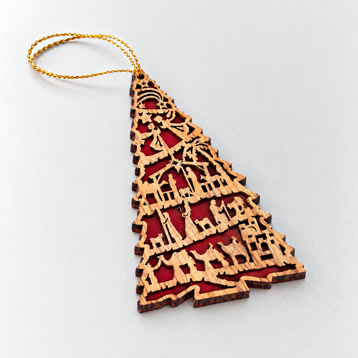 Red Olive Wood Nativity Christmas Tree Ornament