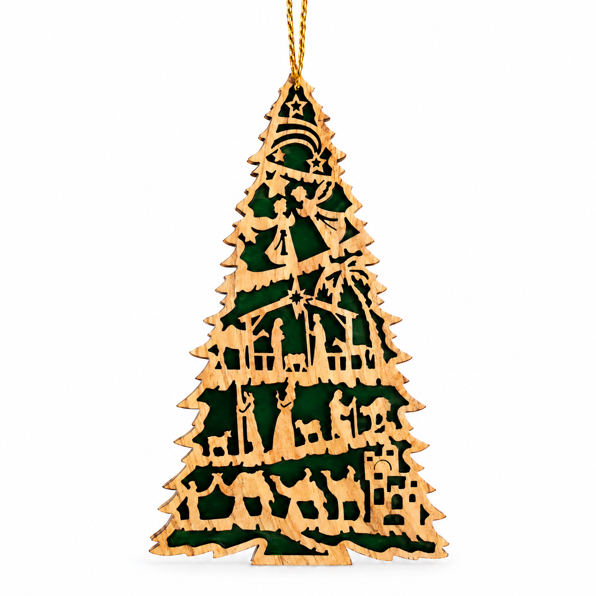 Green Olive Wood Nativity Christmas Tree Ornament