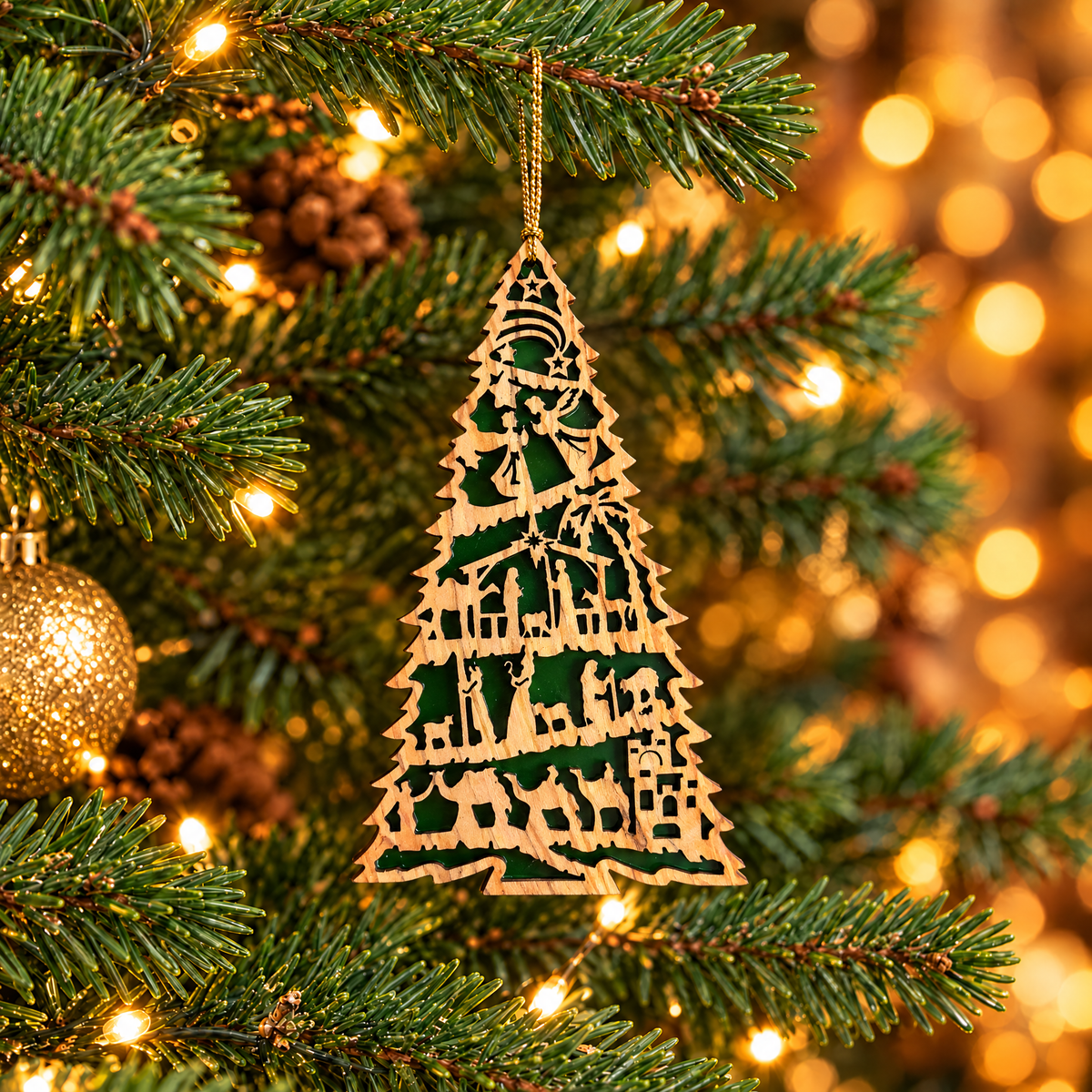 Green Olive Wood Nativity Christmas Tree Ornament