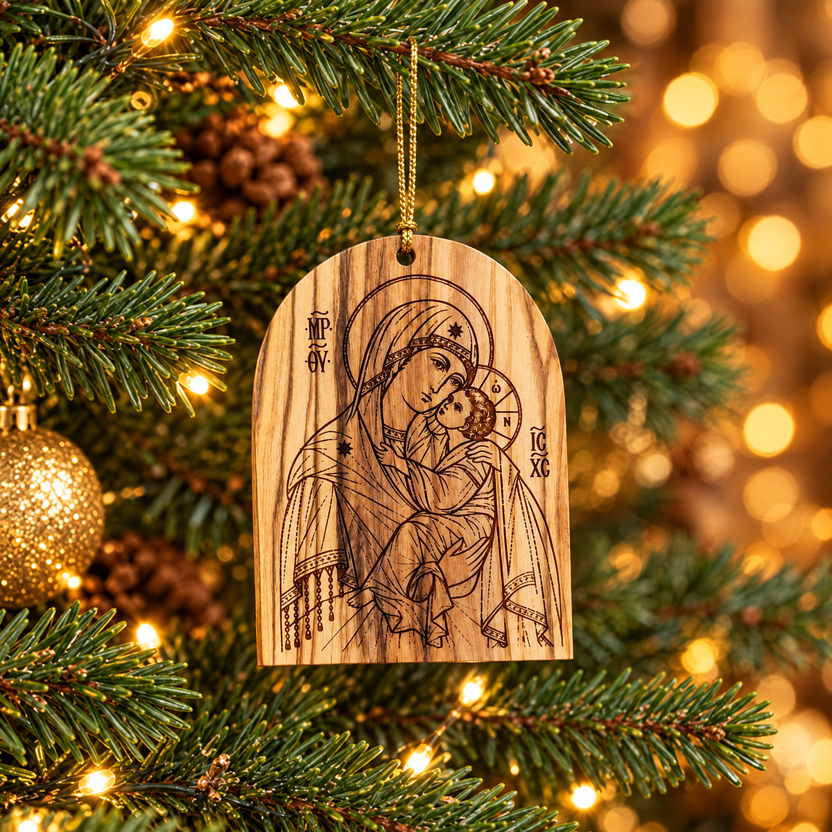 Theotokos Olive Wood Christmas Ornament