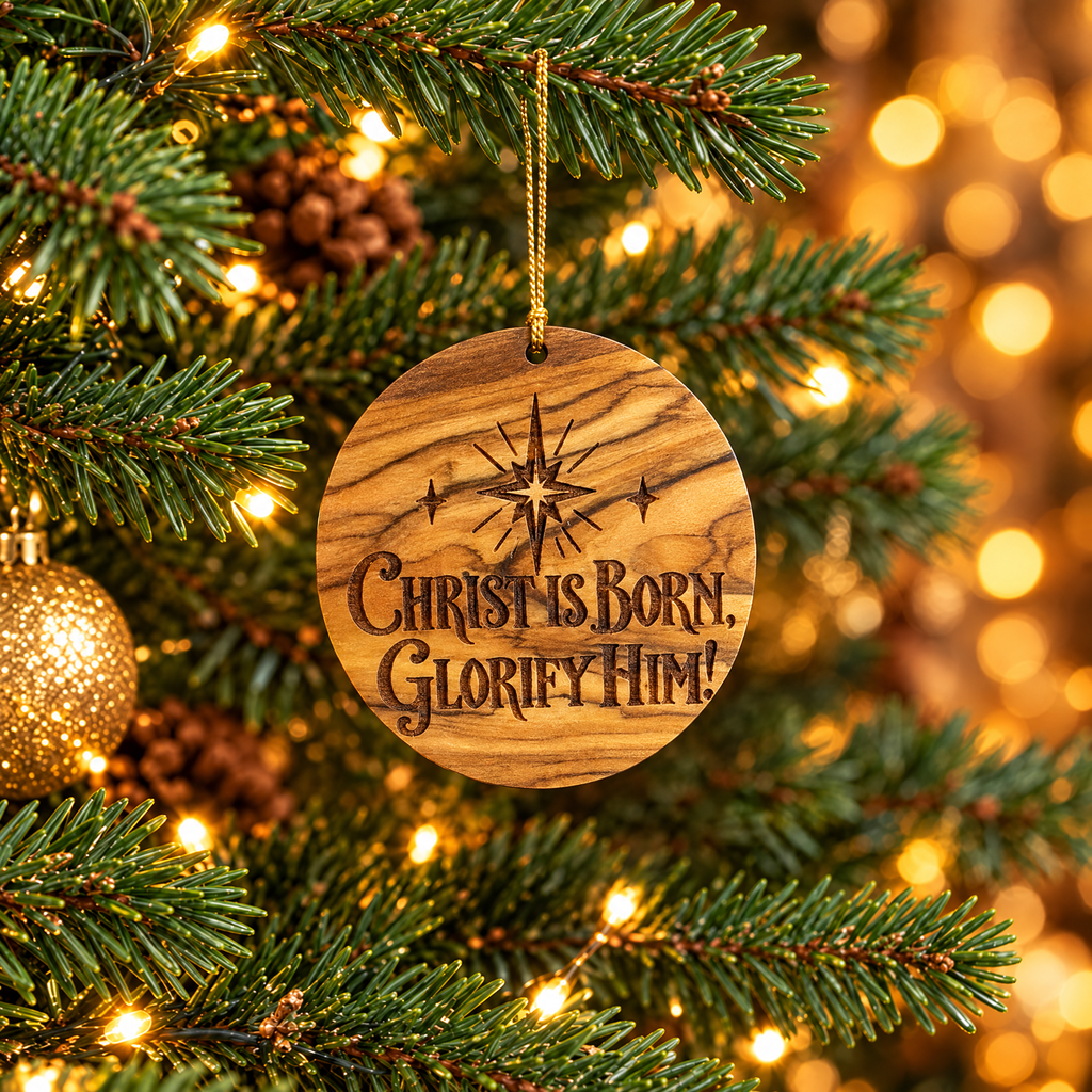 Christ is Born Olive Wood Christmas Ornament