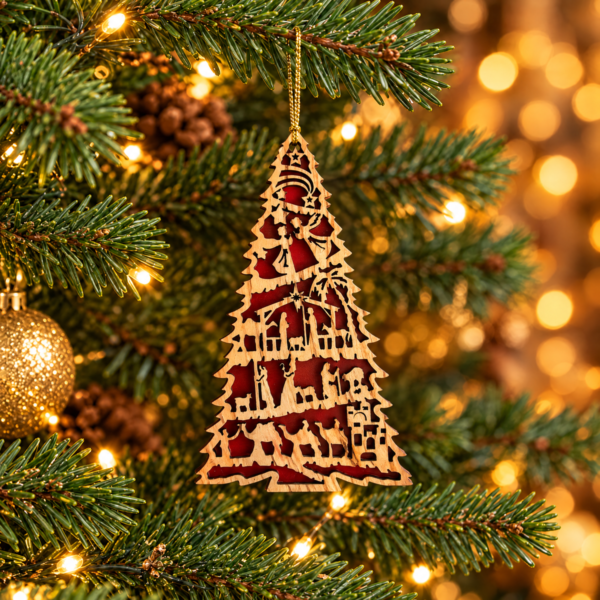 Red Olive Wood Nativity Christmas Tree Ornament