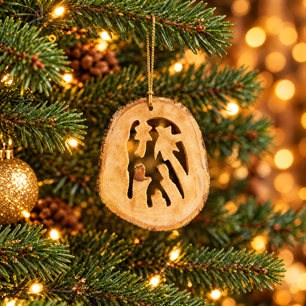 Hand-Carved Olive Wood Nativity Christmas Ornament