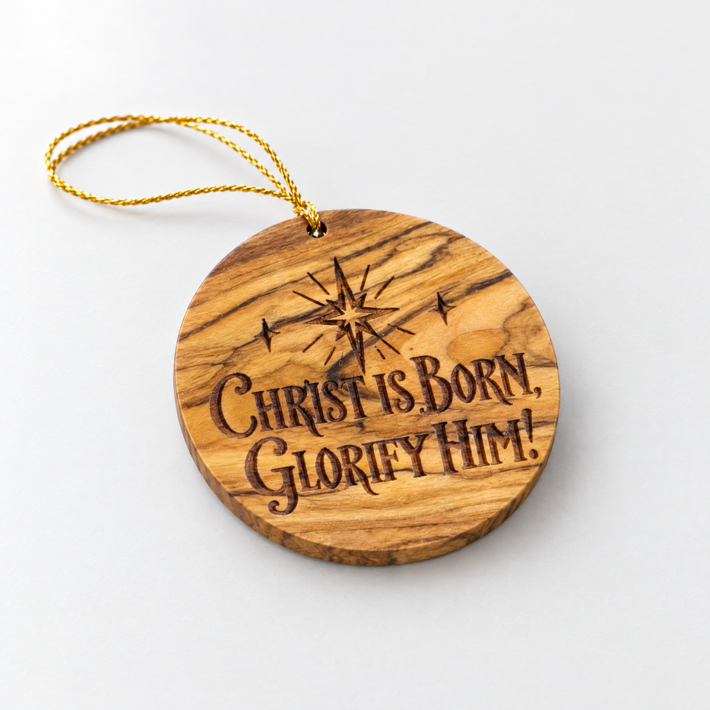 Christ is Born Olive Wood Christmas Ornament