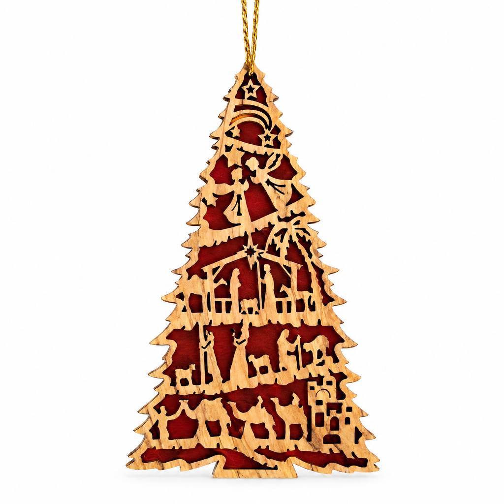 Red Olive Wood Nativity Christmas Tree Ornament